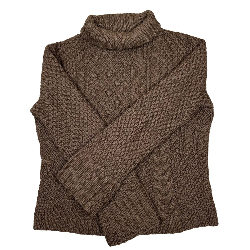 Zyga Womens Sweater 100% Wool Cable Knit Patchwork Brown Coastal Academia M